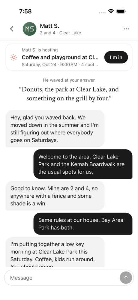 A chat that started with a wave at a dad's profile answer