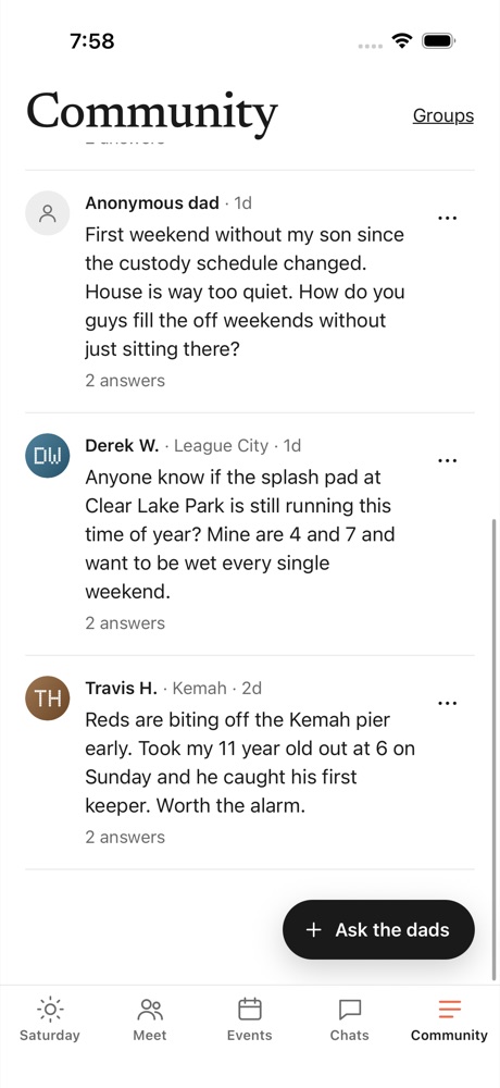 The Community board: dads asking about splash pads, fishing and quiet weekends