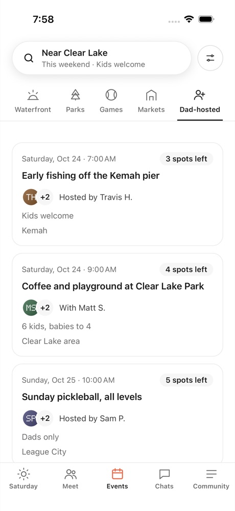 Dad-hosted hangouts: early fishing off the Kemah pier, coffee and playground at Clear Lake Park