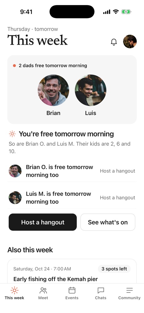 The This week tab: when you're next free, dads free then, and hangouts coming up